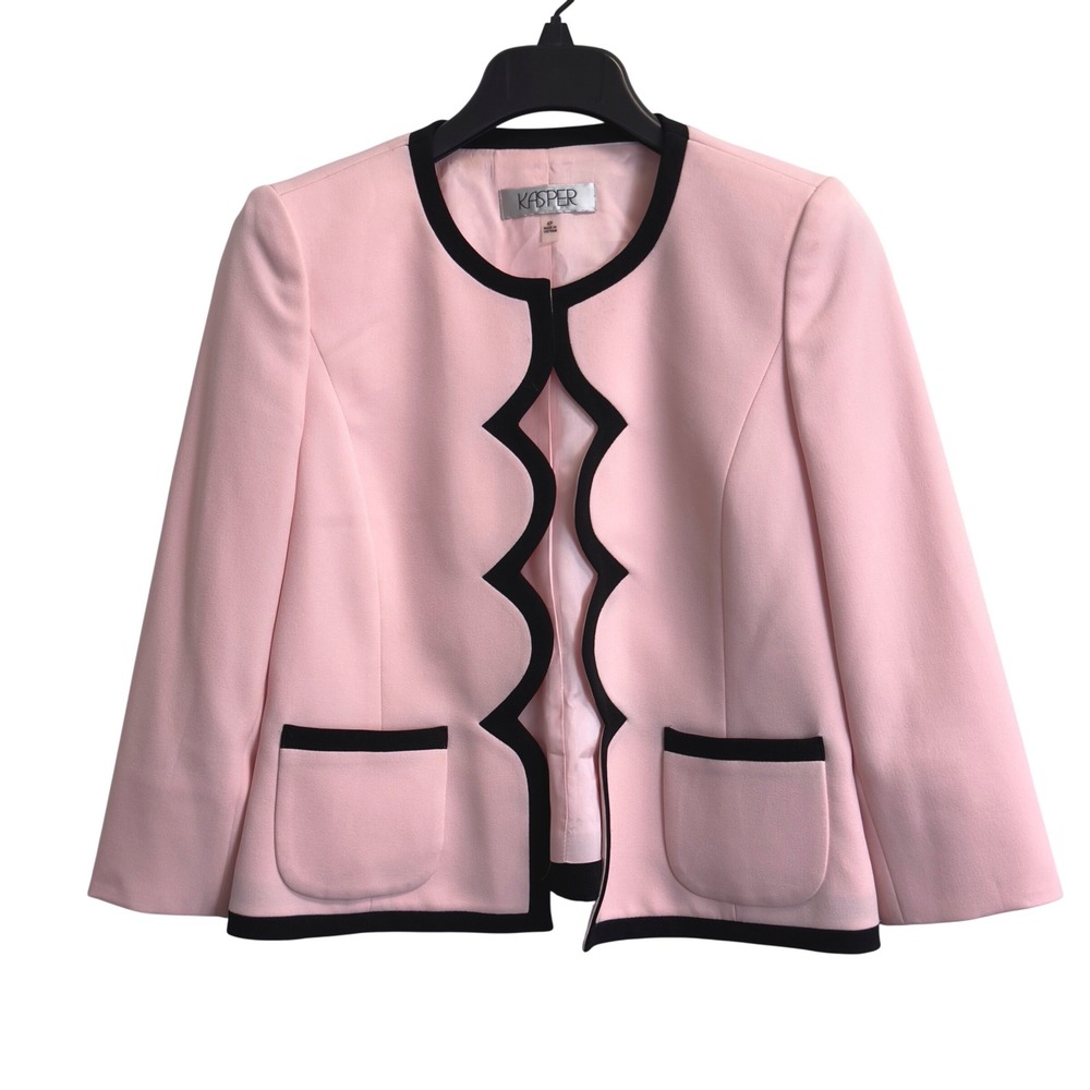 Kasper Women Pink Black Trim Scalloped Open Front Blazer Jacket Petite 4P